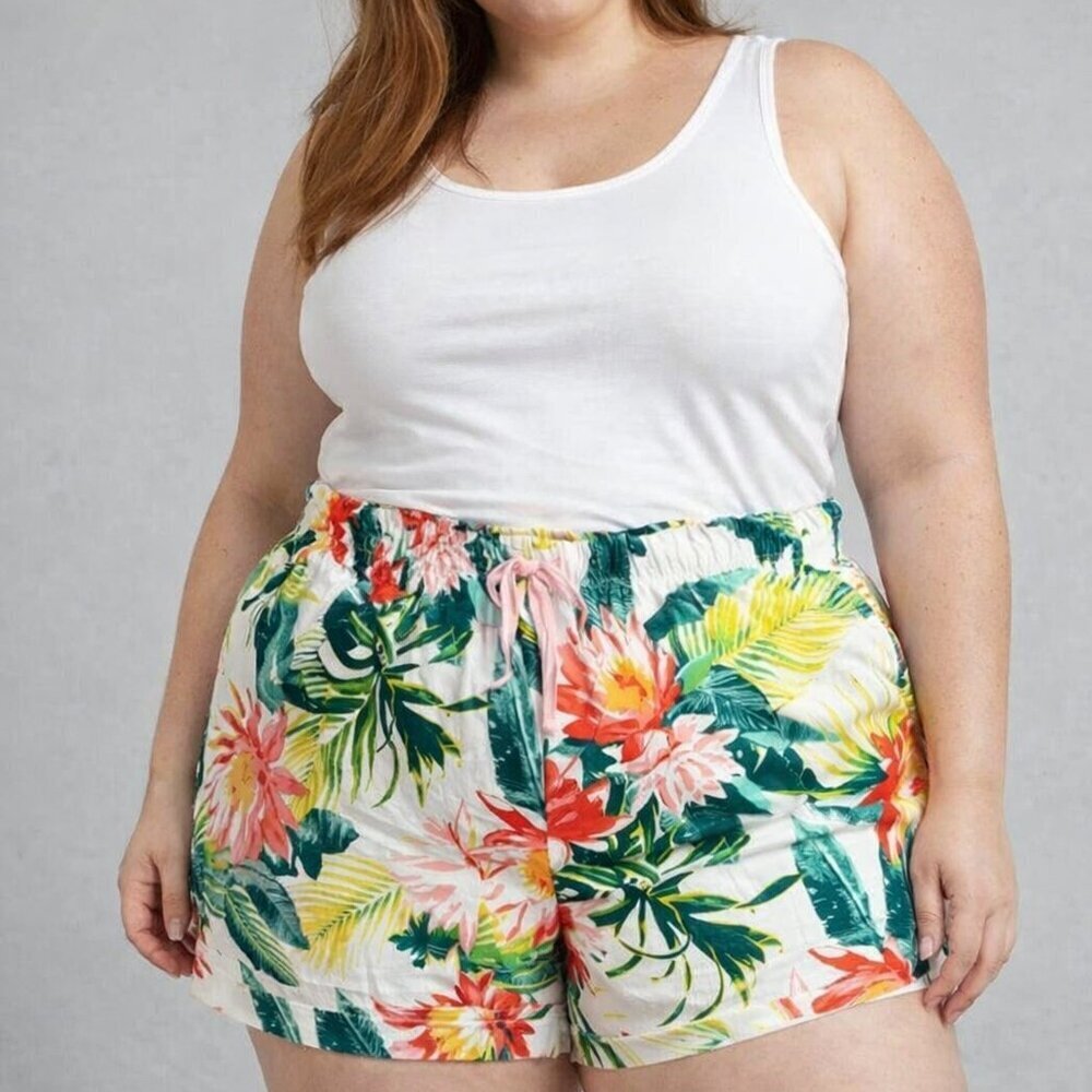 Joe Fresh Plus Floral Shorts 1X Tropical Print Drawstring Summer